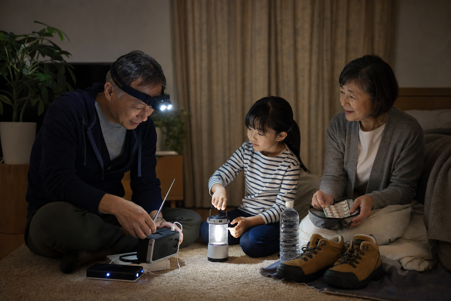停電を想定し、家族でヘッドライトやラジオを試している様子
