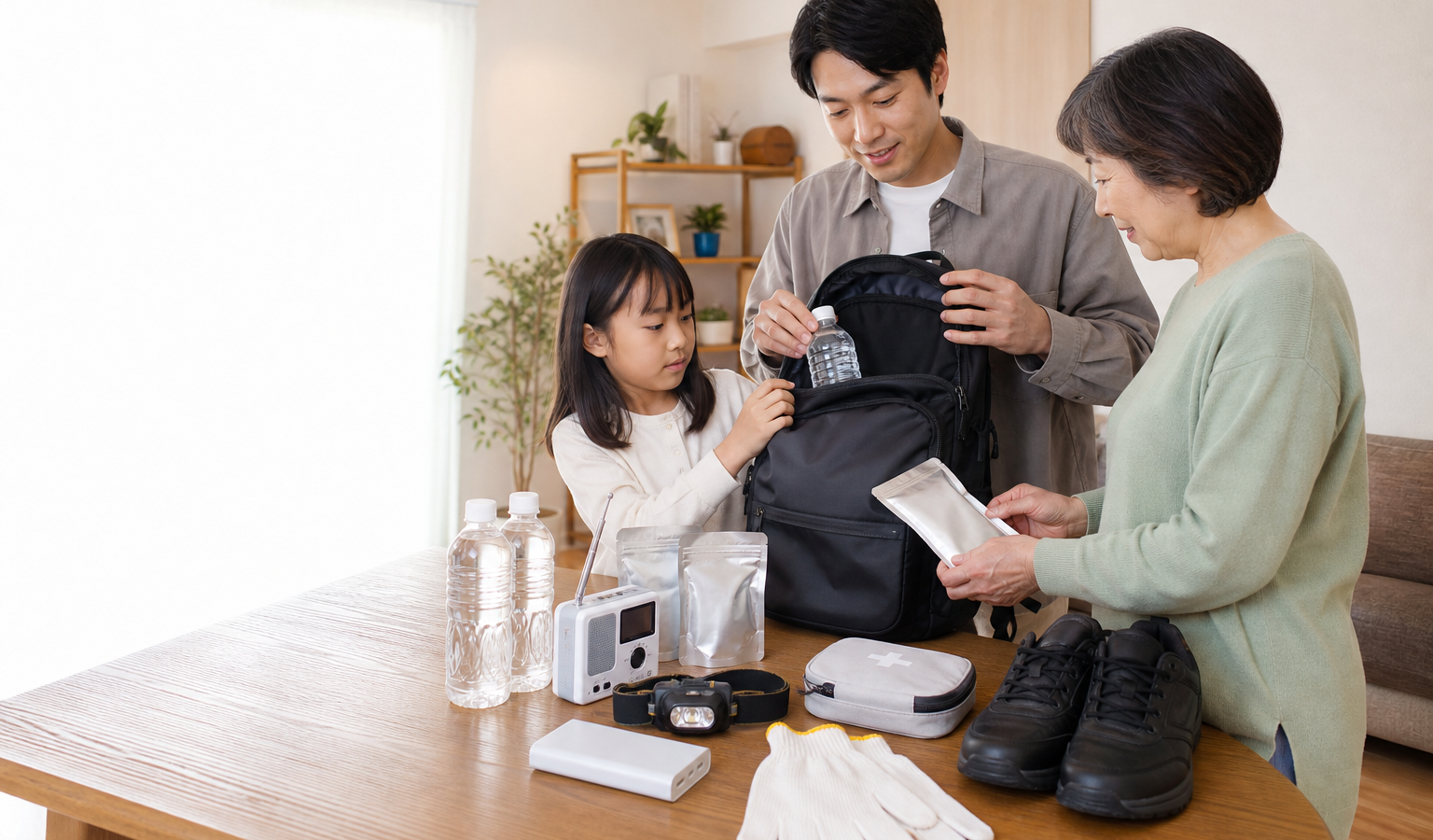 家族で地震への備えと非常持ち出し袋を確認している様子